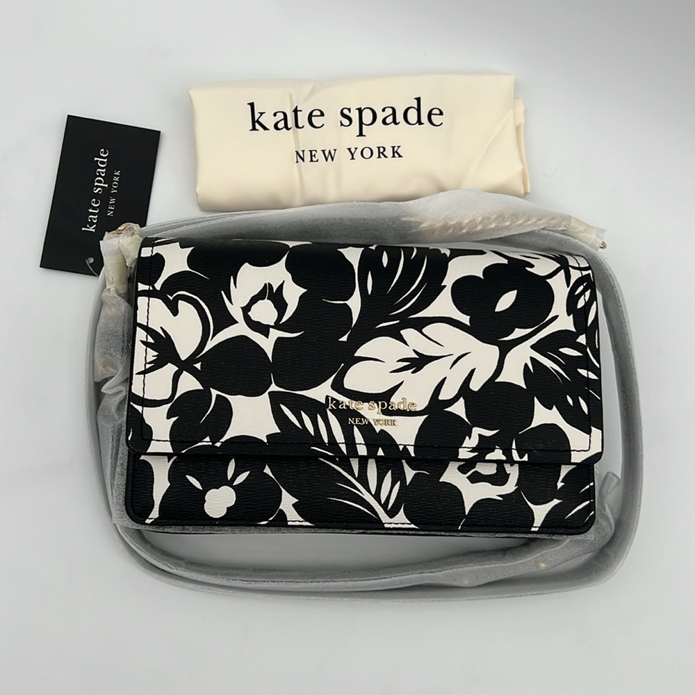 Kate Spade Morgan Tropical Foliage Flap Chain Wallet Crossbody Black Multi